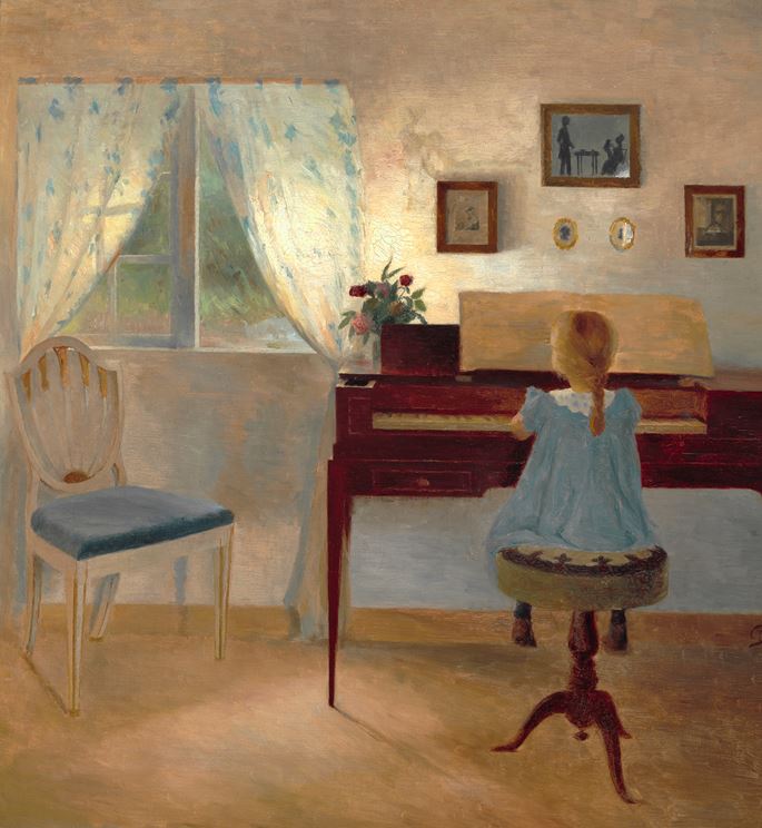 Peter Vilhelm Ilsted - Sunlit interior, the artist’s daughter Ellen is playing the piano | MasterArt